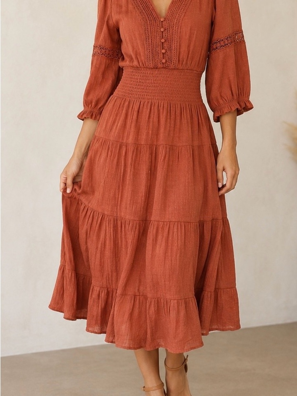 J.Crew M Terracotta Boho Tiered Midi Dress Crochet Smocked Waist